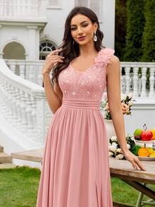 亮片花卉蕾丝深V领无袖荷叶边雪纺高开衩长款正式派对礼服、伴娘礼服，适合婚礼宾客、毕业典礼、晚宴及其他场合，粉色 - 粉色 - 查看 8