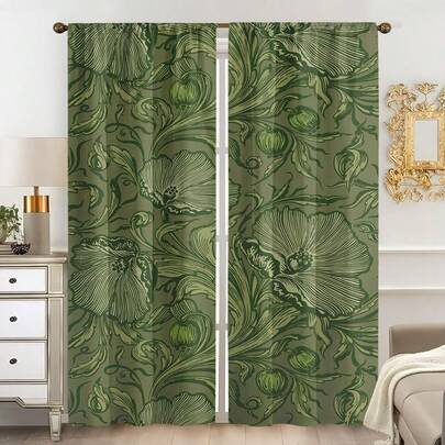 2PCS Multicolor Green Floral And Fruit Vintage Art Nouveau Printed Curtains, 100% Polyester Fabric, Rod Pocket Style Printed Two Pieces Curtains, Unlined, 90gsm, 180cm Width, Perfect For Bedroom Curtains, Living Room Curtains, Dining Room Curtains, Bathroom Curtains, Outdoor Curtains