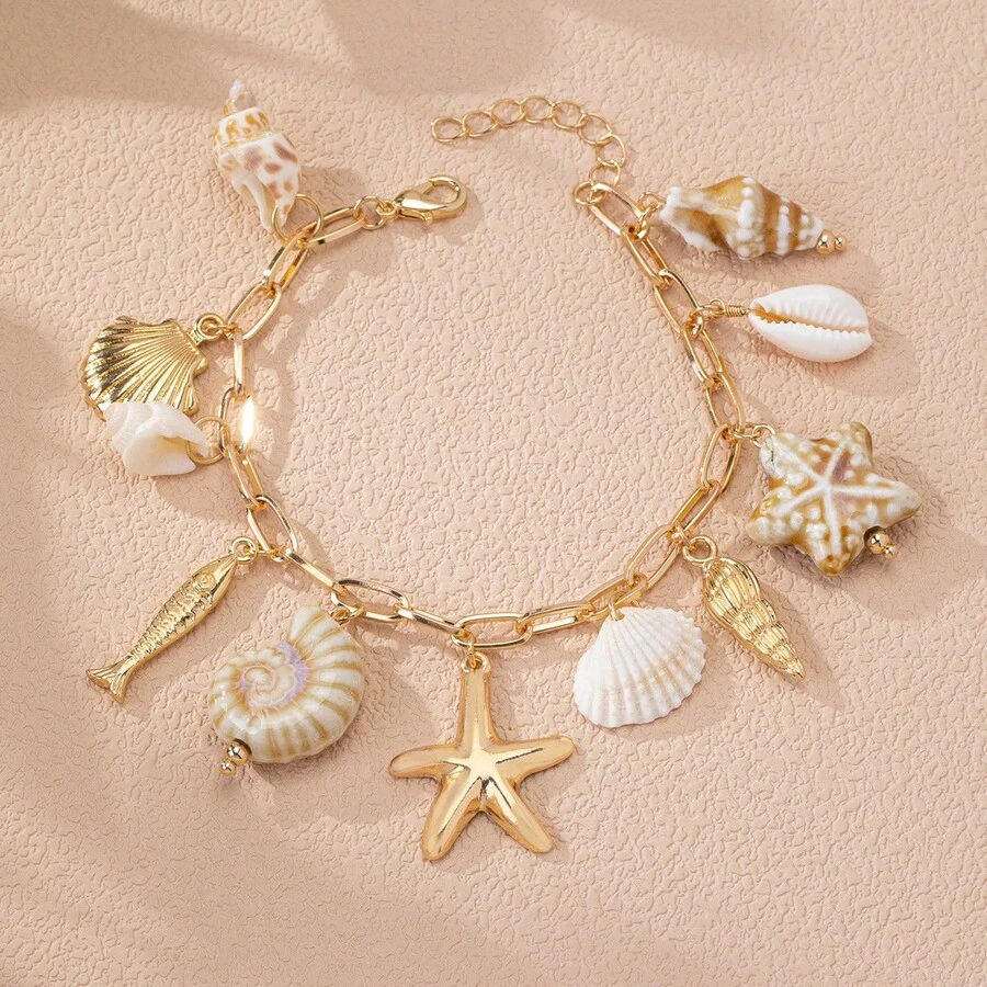 1pc Summer Ocean Life Seashell, Starfish, Fish Theme Bracelet, Beach Style Starfish Seashell Pendant Bracelet, Bohemian Holiday Jewelry For Women - Gold - View 1
