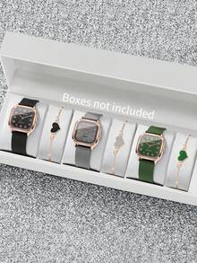 6件套女士硅胶方形数字表盘手表，经典石英腕表+爱心手链（不含表盒） - 彩色 - 查看 12