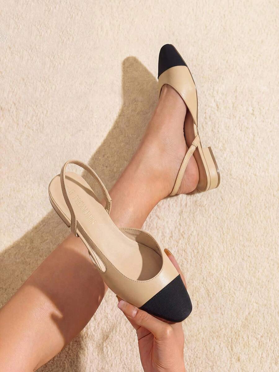 Women Slingback Flats Low Heel Slip-On Dress Ballet Flats Square Toe  Lady Elegant Casual Commute Wedding Party Work Color Blocking Flats Shoes - Màu be - Xem 1