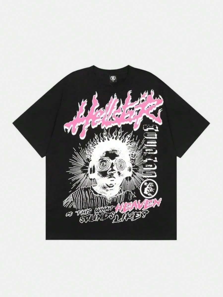 Hellstars Is This What Heaven Sounds Like? Y2K Graphic T-Shirt,220g 100% Cotton,Round Neck Short Sleeve,Black Streetwear Essential For Summer Going Out,Unisex Style - 黑色 - 查看 1