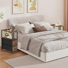 2 Pcs Mesita de Noche Buró para Recamara con Estación de Carga Mesas Auxiliares con 2 Cajones de Tela y Estante de 2 Niveles para Dormitorio Espacios Pequeños Mesa Auxiliar Mueble Lateral - NegroMadera - Ver 6