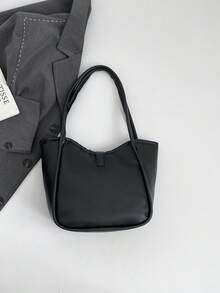 1pc Solid Color PU Large Capacity Snap Closure Minimalist Women's Shoulder Tote Bag, Suitable For Spring/Summer Daily Use - Black - View 7