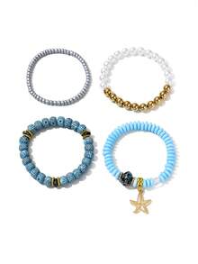 4pcs Summer Beach Starfish Beaded Bracelet Set, Suitable For Women Holiday Beach Outing Accessories, Bohemian Style Multi-Layer Stacking Colorful Friendship Bracelets, Best Gift For Friends - Multicolor - View 3