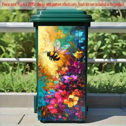 1张14.57 x 32.28英寸蜜蜂与花卉图案自粘垃圾桶贴纸，色彩鲜艳，可用于装饰厨房垃圾桶、墙壁和家居。