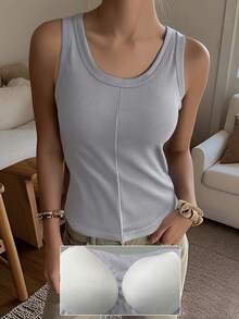 Women's Minimalist Solid Color U-Neck Sleeveless Ribbed Athletic Tank Top - Grey - View 3