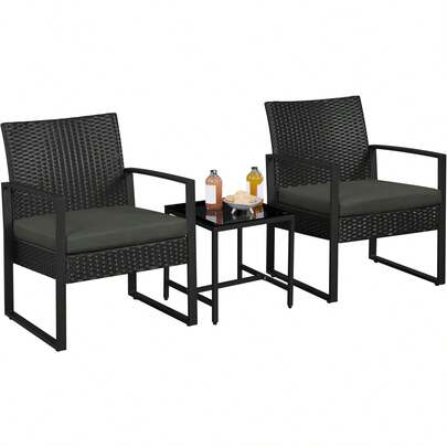 3-Piece Rattan Garden Furniture Set, 2 Seater Chairs & 1 Table For Balcony With Cushions