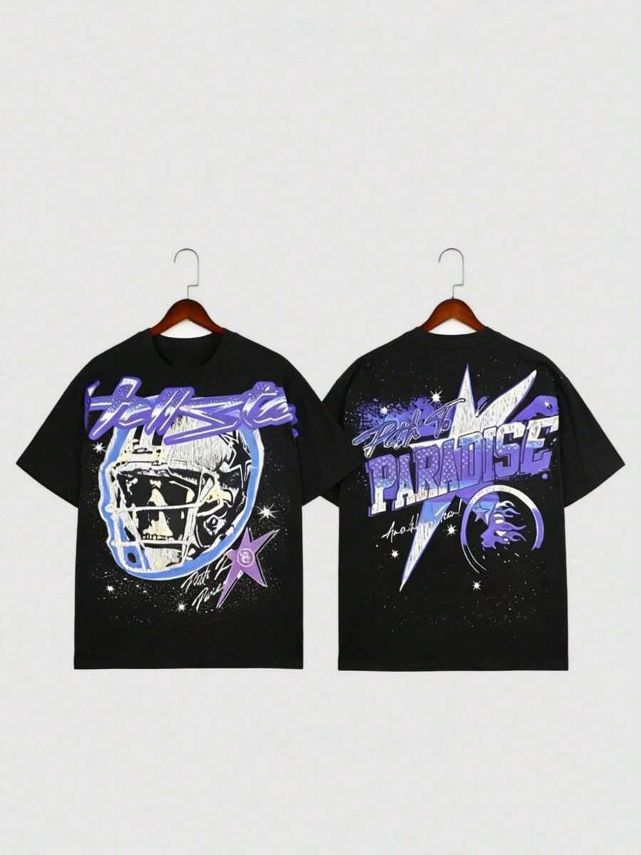 Hellstars Path To Paradise Football Helmet Y2K T-Shirt Double Sided Printed (220g 100% Cotton T-Shirt), Summer Clothes, Women's Tops, Casual And Comfortable, Fashionable Graphic Tee, Unisex Style - Black - View 1
