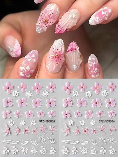 2pcs White Hibiscus Flower Summer Nail Stickers, 5D Embossed Golden Beads Blooming Pink Starfish Floral Petal Line Nail Art Decals DIY Spring/Wedding Nail Supplies Relief Charms Decoration