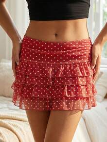 Women's Summer Mini Skirt Casual Stylish Dot Print Layered Ruffled Mid Rise Short Skirt - Red - View 3