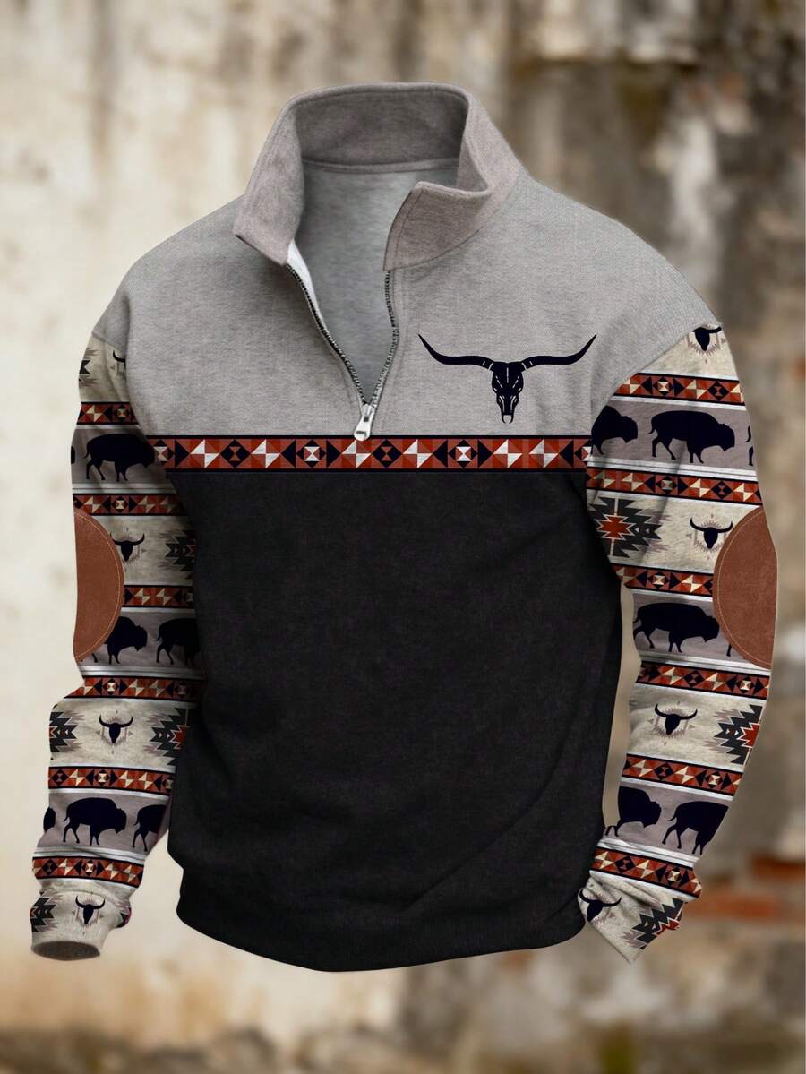 Áo polo nam kiểu dáng cổ điển miền Tây, phối nhiều mảnh vải, khóa kéo nửa thân, in hình đầu lâu và họa tiết hình học, thích hợp cho các hoạt động thường ngày, du lịch, ngoài trời, đi làm. Màu kaki, nâu, đen, đỏ, xanh navy, xám, thích hợp cho mùa xuân và mùa thu. - màu đen - Xem 1