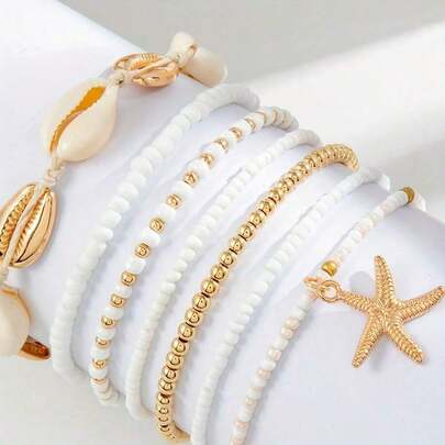 7pcs Set Of Beach Leisure Additions, Stylish And Versatile, Featuring A Starfish And Pearl Beaded Anklet, Women'S Dance Parties, Gatherings, And Gifts JEJA