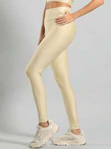 FITNATION Leggings Set With Waistband Pocket + Longline Cropped Top In Micro-Ribbed Fabric With SHINE And HIGH Elasticity And Support. - Beige - View 4