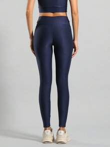 FITNATION Leggings Set With Waistband Pocket + Longline Cropped Top In Micro-Ribbed Fabric With SHINE And HIGH Elasticity And Support. - Navy Blue - View 3