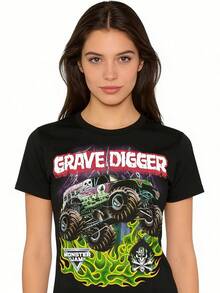 Monster Jam Monster Truck Graphic Print Vintage T-Shirt, Casual Short Sleeve Crew Neck Tee, Women's Streetwear - 黑色 - 查看 2