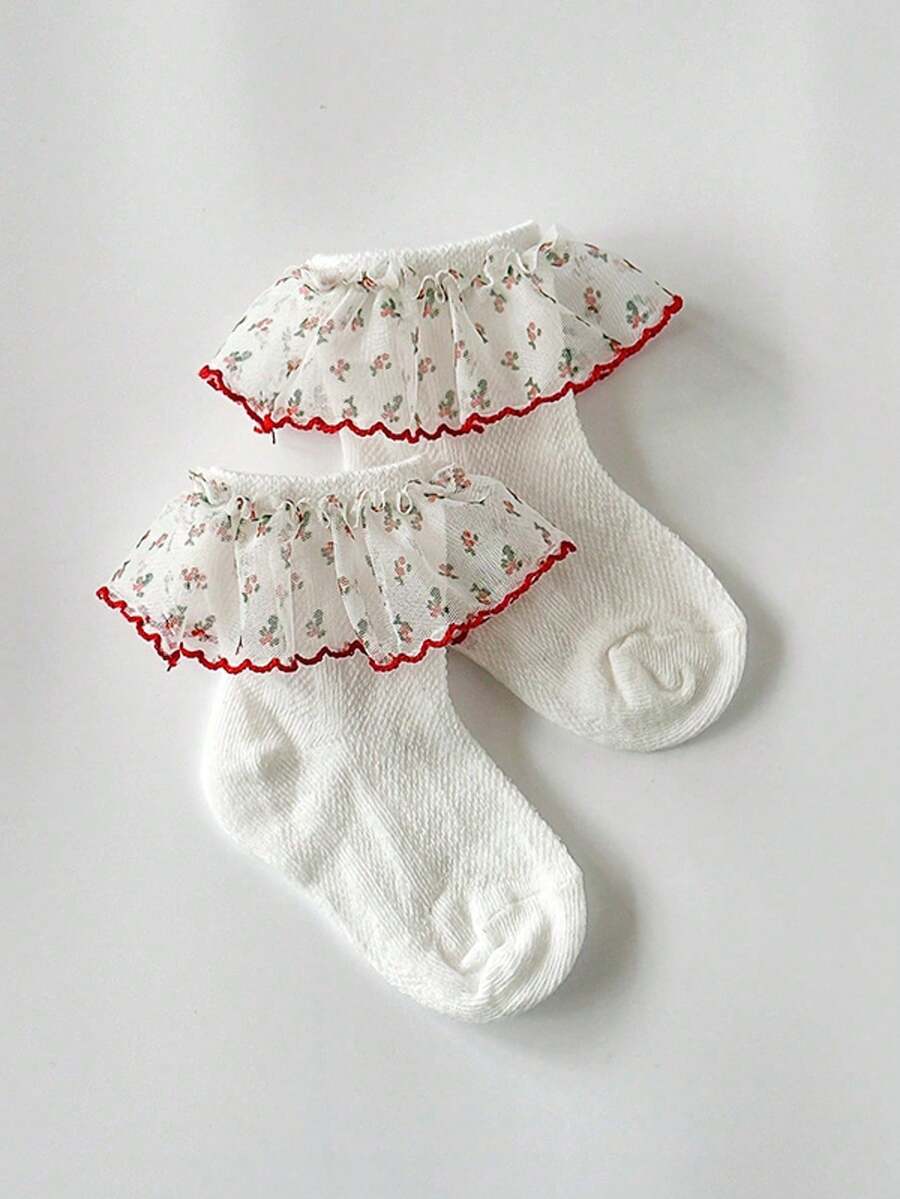 2 Pairs 3D Floral Ruffle Princess Baby Girls Socks - Multicolor - View 1