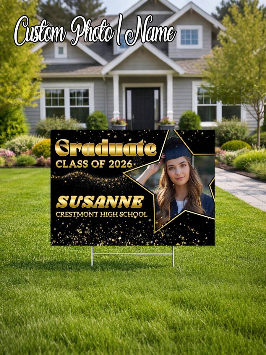 Customized Graduation Backdrop Fabric, Black & Gold Themed Printed Poster With Customizable Class Name. 2026 Graduation Banner - Black & Gold Background, Personalized Graduation Lawn Sign With Photo, Double-Sided Waterproof Sign, Graduation Party - Multicolor - View 1