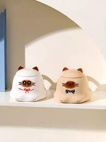 1个400毫升创意简约陶瓷下午茶杯，可爱卡通猫咪图案，带盖，可用洗碗机和微波炉加热，可定制生日礼物 - 彩色 - 查看 4