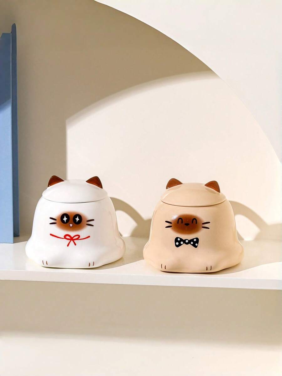 1pc 400ml Creative Minimalist Ceramic Cup For Afternoon Tea, Cute Cartoon Cat Design, Dishwasher & Microwave , With Lid, Customizable Birthday Gift - Multicolor - View 1