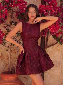Đầm ngắn dáng chữ A hở lưng, cổ thuyền, chất liệu jacquard thanh lịch, cạp cao, thích hợp cho dạ hội, sinh nhật, hẹn hò buổi tối, tiệc liên hoan, đám cưới, tiệc cocktail, lễ hội gia đình, mùa xuân. - Màu Đỏ Sâu - Xem 7