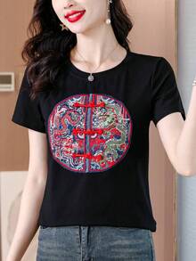 2025夏季新款圆领短袖T恤女装，新款中国风刺绣百搭插肩袖上衣休闲黑色 - 黑色 - 查看 5