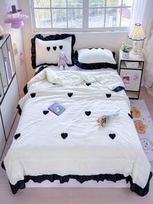 3pcs Heart Embroidery Bedding Set, Quilted Blanket And Pillowcase Coverlet - White - View 1
