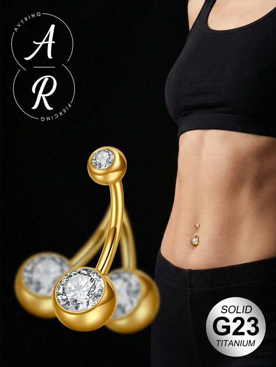 AVYRING G23钛金肚脐环，内螺纹，长度可选6mm、8mm、10mm、12mm、14mm、16mm，圆形锆石肚脐环，男女通用 - 金色 - 查看 1