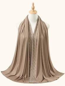 1pc Women's Solid Color Woven Texture Rhinestone Decorated Hijab, Soft & Comfortable Modal Headscarf, Versatile Muslim Long Scarf Suitable For Daily, Commute, Party, Photography - Multicolor - View 20