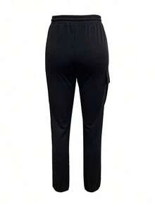 Pantalones cargo de mujer de moda elegantes de unicolor, con bolsillos, cintura elástica y cordón - Negro - Ver 4