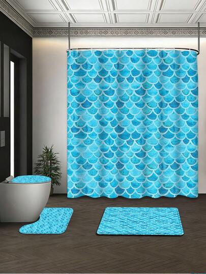 Bộ 4 rèm tắm họa tiết vảy cá màu ngọc lam, kích thước 72x72 inch, chất liệu polyester bền, chống thấm nước, trang trí theo phong cách đại dương ven biển, kèm thảm tắm và 12 móc treo miễn phí.