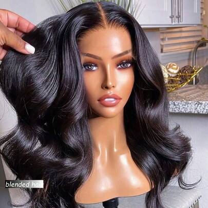 波波头假发，真人混纺发丝，13x4前蕾丝假发，10-36英寸，自然波浪卷，180%密度，高清透明蕾丝前假发，真人混纺发丝，预先拔毛，女士波波头假发，自然黑