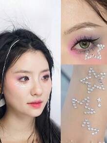 2 pièces Autocollants de visage avec strass étoile creuse, accessoires de maquillage des yeux en forme d'étoile à 5 branches, diamants pailletés auto-adhésifs pour festival de musique, Noël, costume de fête - Blanc - Voir 2