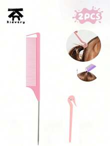 2 piezas Kit de peinado: Herramienta de trenzado, peine de cola de rata y lazo para cola de caballo. Esenciales profesionales para el salón y de viaje para rizos, ondas y recogidos perfectos. - Rosa Pálido - Ver 5