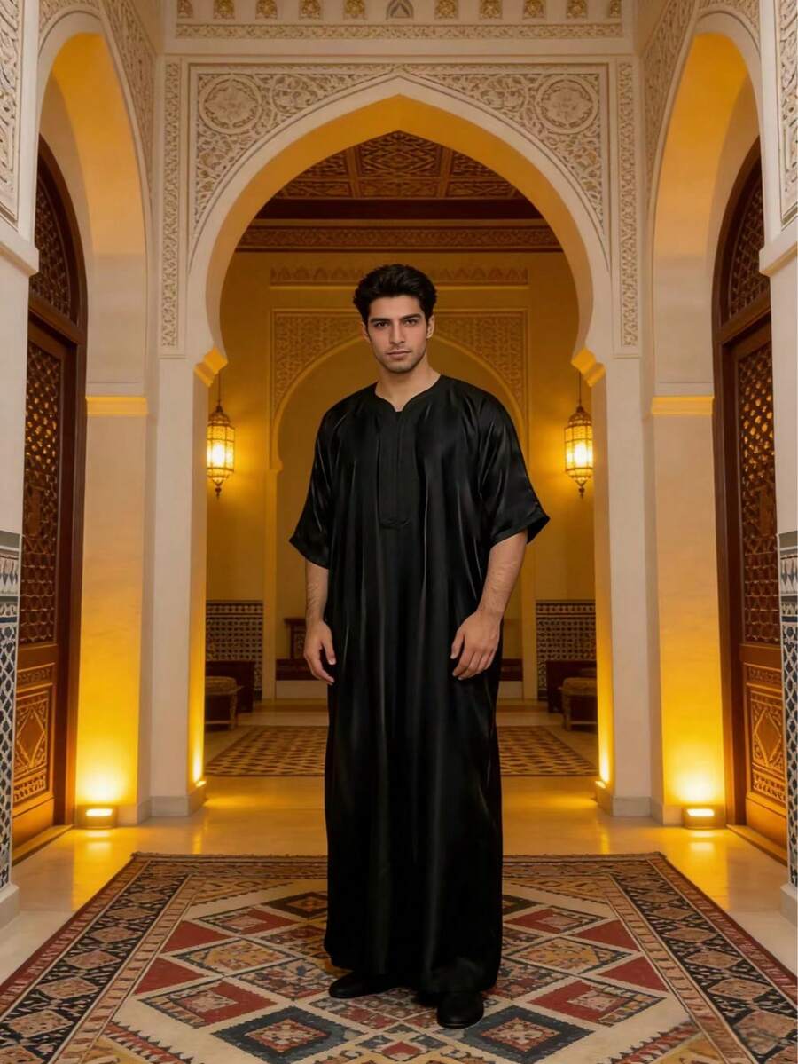Middle Eastern Style Embroidered Robe, Black Casual Long Robe For Arab Youth, Classic Men's Robe - Black - View 1