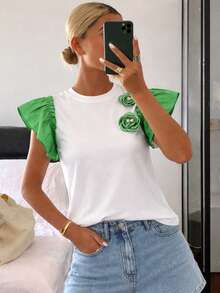Blusa ligera para mujer de moda con olanes y flores 3D en bicolor de estilo casual para uso diario - Verde - Ver 2