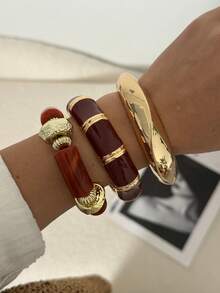 1 Set de Pulsera de Aleación de Color Maillard Combinada con Pulsera Asimétrica de Cuentas de Acrílico, Adecuada para el Uso Diario, Viajes y Combinación de Moda de las Mujeres - Multicolor - Ver 2