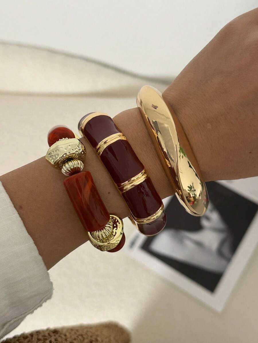 1 Set de Pulsera de Aleación de Color Maillard Combinada con Pulsera Asimétrica de Cuentas de Acrílico, Adecuada para el Uso Diario, Viajes y Combinación de Moda de las Mujeres