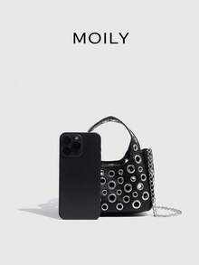 新款春夏铆钉手提包，时尚镂空手提包，金属链条单肩斜挎女包，两件套 - 黑色 - 查看 3