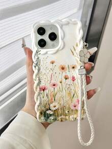 花卉彩绘编织波浪边可拆卸手链简约防震加厚手机保护壳，印花设计，兼容 17/17 Pro/17 Pro Max、16 XR/7/8、15 Pro Max、12 Pro Max、13 Pro Max、14 Pro Max、13、14、11、12、P14、P11、P12、XS、XR、7/8、P、7G ES2 手机壳 - 彩色 - 查看 1