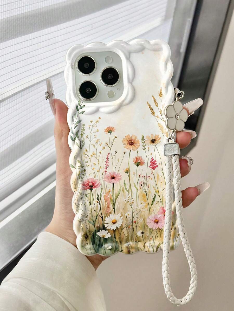 花卉彩绘编织波浪边可拆卸手链简约防震加厚手机保护壳，印花设计，兼容 17/17 Pro/17 Pro Max、16 XR/7/8、15 Pro Max、12 Pro Max、13 Pro Max、14 Pro Max、13、14、11、12、P14、P11、P12、XS、XR、7/8、P、7G ES2 手机壳 - 彩色 - 查看 1