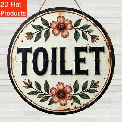 1pc Vintage Round Wooden Toilet Sign Plaque - Rustic Floral Design, Perfect For Home, Room, Garage, Garden, Holiday Decor, Pre-Drilled Holes As Shown In Size
