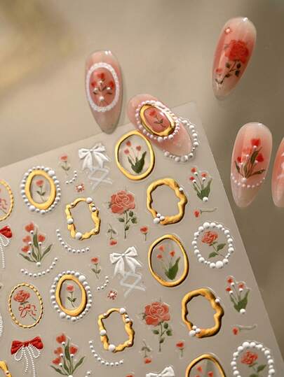 1片复古夏季郁金香美甲贴纸 柔和法式透明花朵自粘美甲贴纸 美甲装饰贴纸