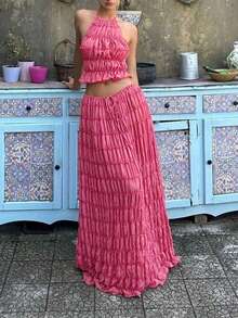 Bộ váy maxi hai mảnh bằng chiffon xếp ly ren, dây mảnh, hở lưng, trang phục lãng mạn, thanh lịch, phù hợp cho tiệc hóa trang, phong cách Gothic, đám cưới, mùa xuân/hè 2026, mùa cưới, lễ hội âm nhạc, tựu trường. Vui lòng mặc đồ lót màu da. Do các lô sản xuất khác nhau, có thể có sự khác biệt nhỏ về màu sắc. - Màu Hồng  Dưa hấu - Xem 5