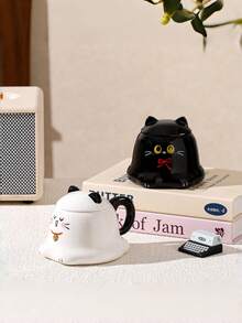 1个400毫升创意简约陶瓷下午茶杯，可爱卡通猫咪图案，带盖，可用洗碗机和微波炉加热，可定制生日礼物 - 彩色 - 查看 3