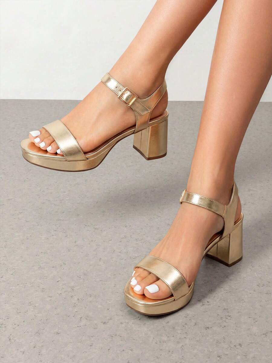 Comfortable Platform Chunky Low Heeled Sandals For Teenagers, Open Toe Buckle Decor Ankle Strap Summer Sandals - Gold - View 1