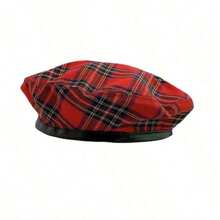 Classic British Style Red Plaid Beret Women's Red/Green Plaid Beret With Black Leather Trim, Spring And Summer All-Match Retro Painter Hat Beret Hat Vintage Style French Beret For Fashion Beret For Casual Outfits, Travel, Daily Use - 紅色 - 查看 2