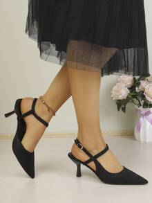 New Women's Black Suede Pointed Toe Criss-Cross Strap, Open Back Mid-Heel Sandals, Elegant Office Shoes - Black - View 4