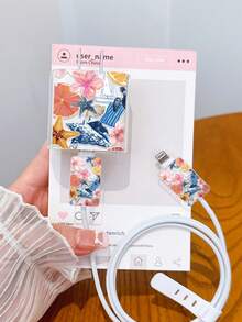 4件套夏季海洋元素手机充电器保护套，数据线整理套装 - 20W/18W充电器适配器，适配器头保护套，兼容 11/12/13/14/15/16/13 Pro Max/16 Pro Max/17 Pro Max - 彩色 - 查看 2