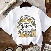 LIFE GAVE ME SOME LEMONS BUT MY JESUS HE BE MAKIN' LEMONADE Graphic Black T - Shirt, Casual Crew Neck Short Sleeve Tee With Lemon & Mason Jar Illustration, Soft Breathable Cotton T - Shirt For Daily Wear, Cozy & Stylish Summer Top - 白色 - 查看 13